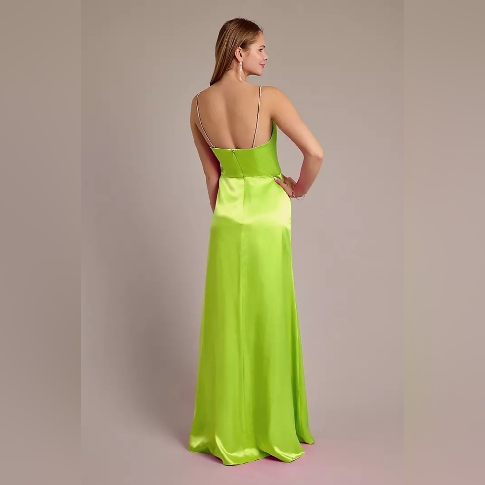 JULES & CLEO | V-Neck Dress with Crystal Straps in Charmeuse (Lemon Lime) sz 4 - Picture 9 of 10